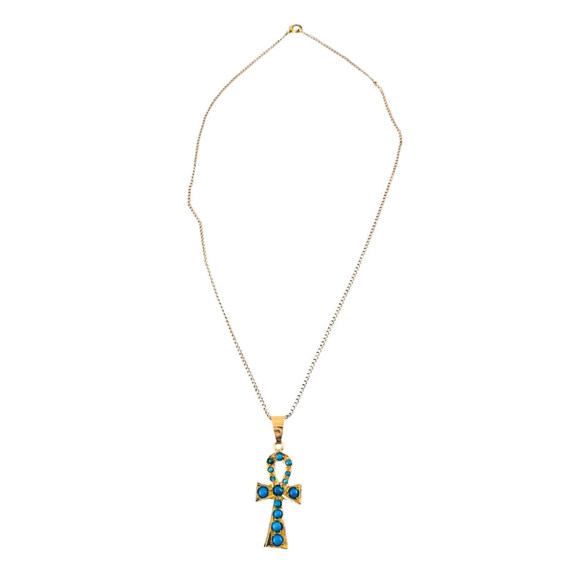 Vintage 21k Gold Turquoise Ankh Pendant 14k Gold Chain Necklace
