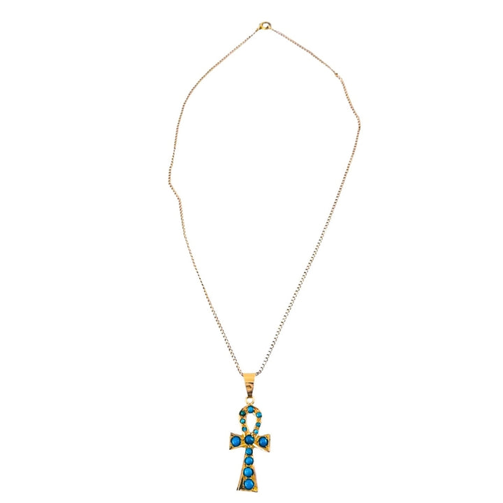 Vintage 21k Gold Turquoise Ankh Pendant 14k Gold Chain Necklace
