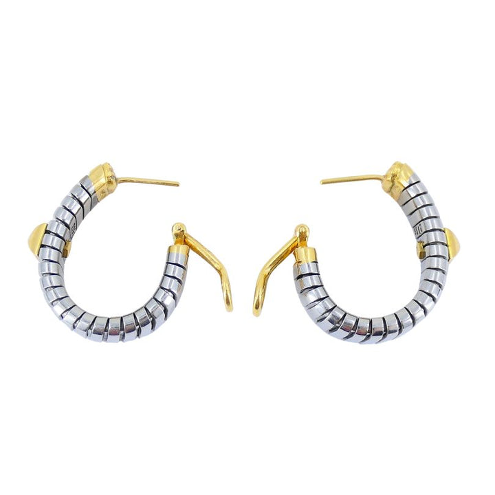 Vintage Bulgari 18k Gold Stainless Steel Tubogas Hoop Earrings