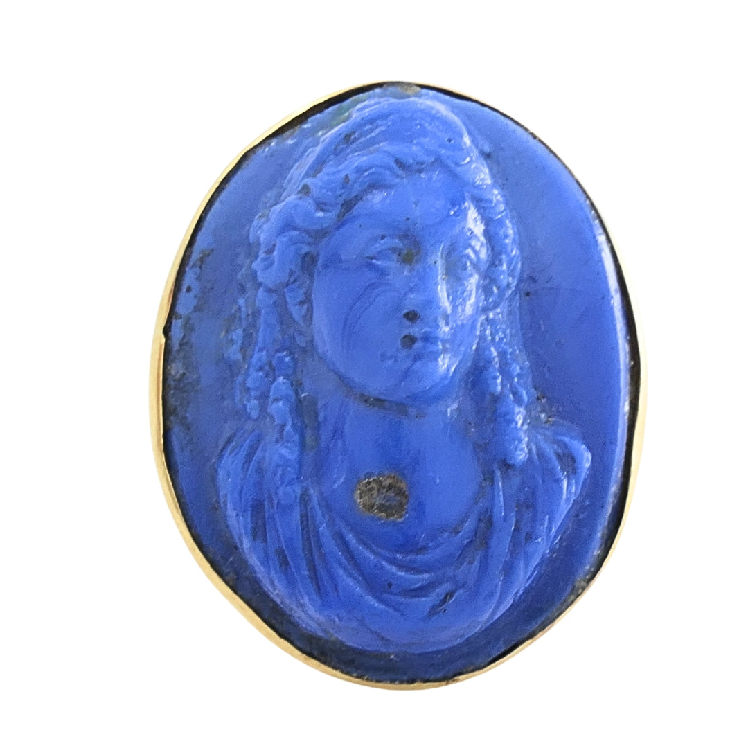 14k Gold Blue Carved Cameo Classical Portrait Ring