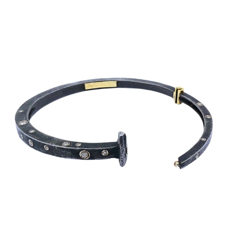 Modern Silver 18k Gold Bangle Bracelet Diamond Accents
