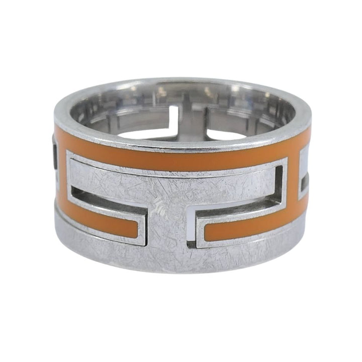 Hermès Sterling Silver Orange Enamel 'H' Motif Band Ring