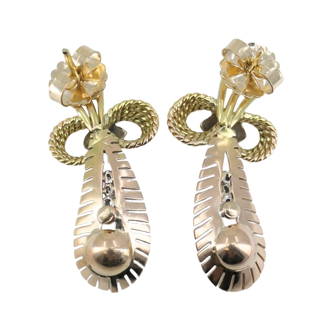 Retro 14k Tri Color Gold Diamond & Pearl Earrings Circa 1940s
