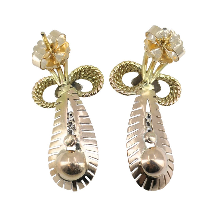 Retro 14k Tri Color Gold Diamond & Pearl Earrings Circa 1940s