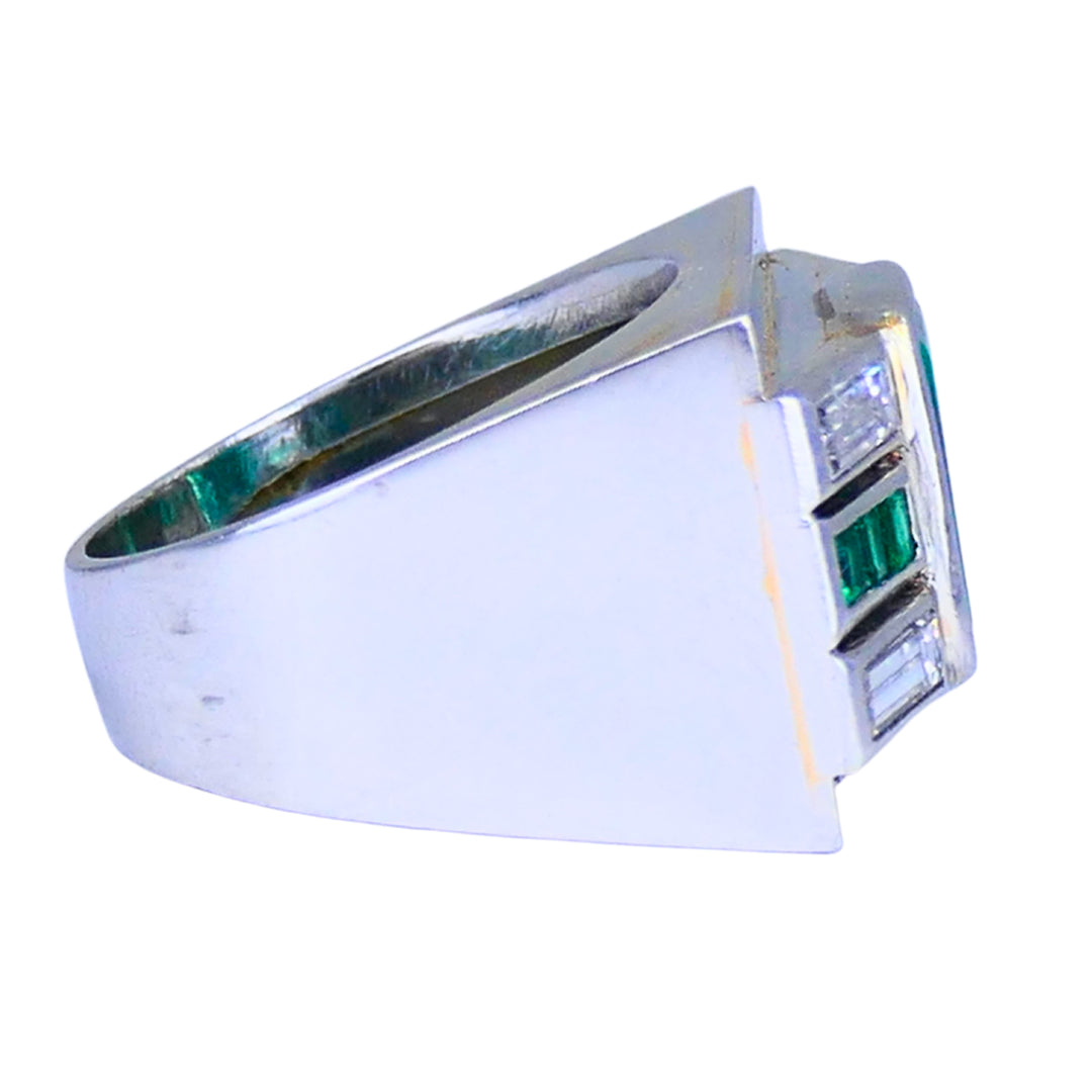 Emerald Diamond Ring Art Deco Revival Platinum Ring French