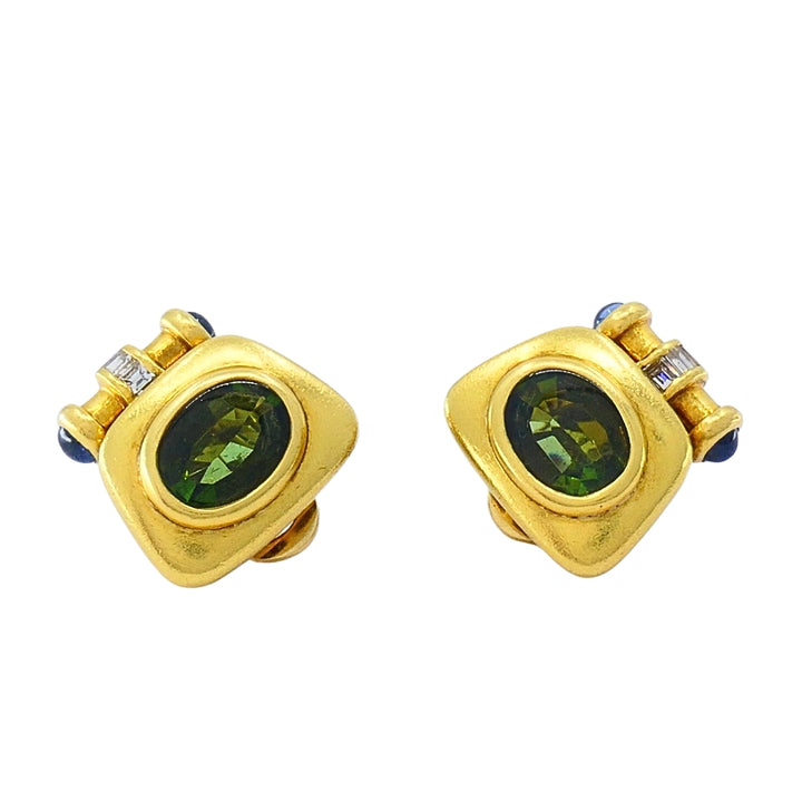 Bulgari Bvlgari 18k Gold Tourmaline Sapphire & Diamond Clip-On Earrings