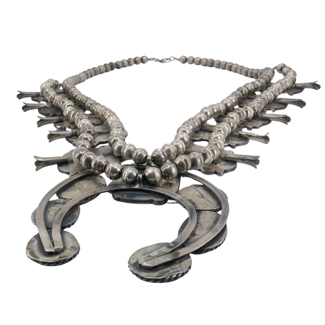 Navajo Native Indian Sterling Silver Turquoise Squash Blossom Necklace