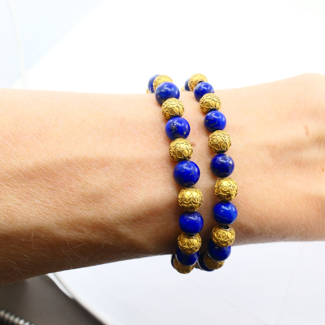 Vintage Choker Necklace 14k Textured Gold Lapis Lazuli Beads