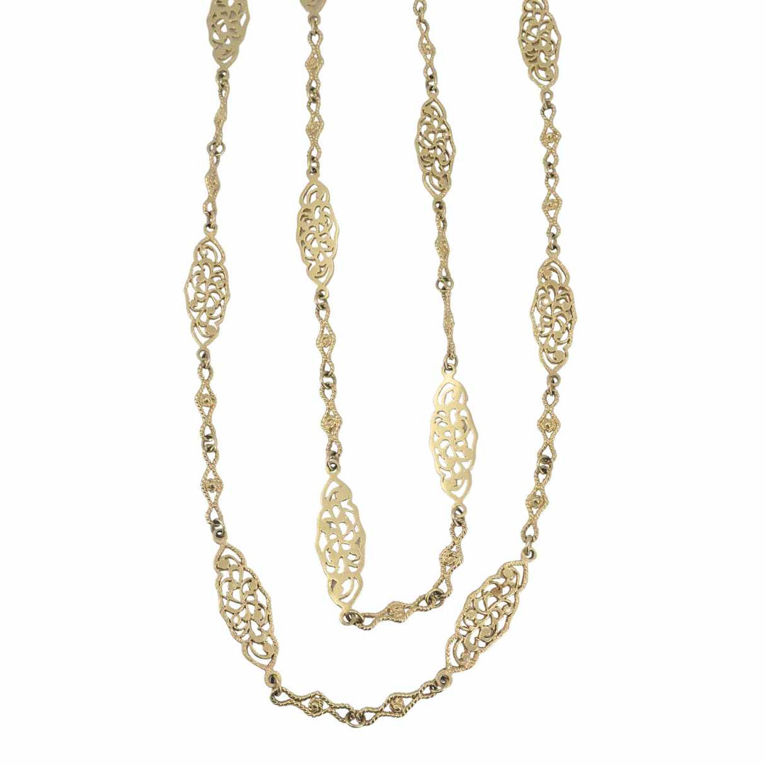 Vintage 14K Gold Openwork Filigree Marquise Long Chain Necklace