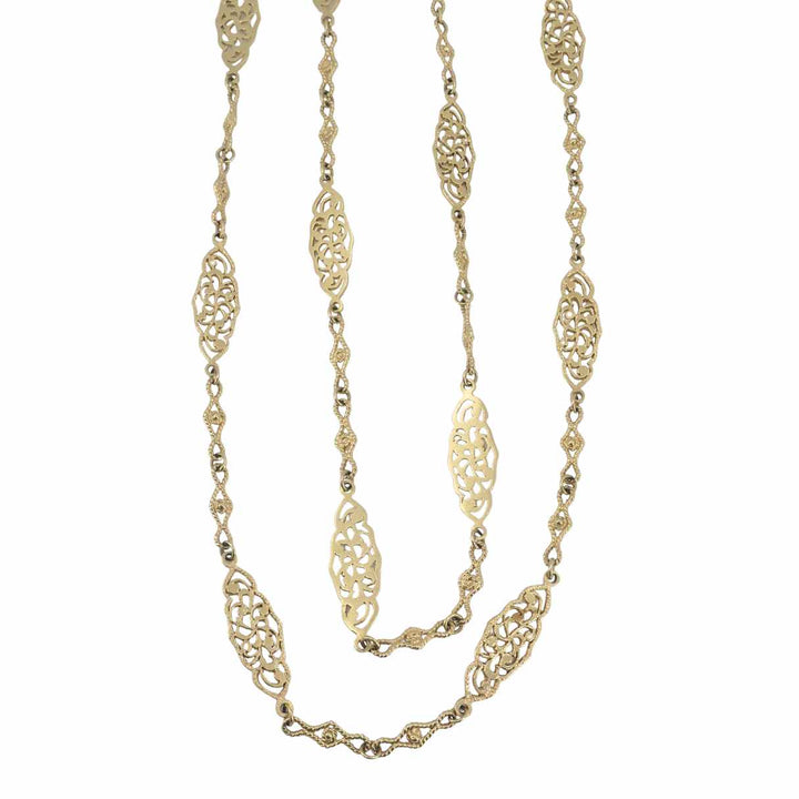 Vintage 14K Gold Openwork Filigree Marquise Long Chain Necklace