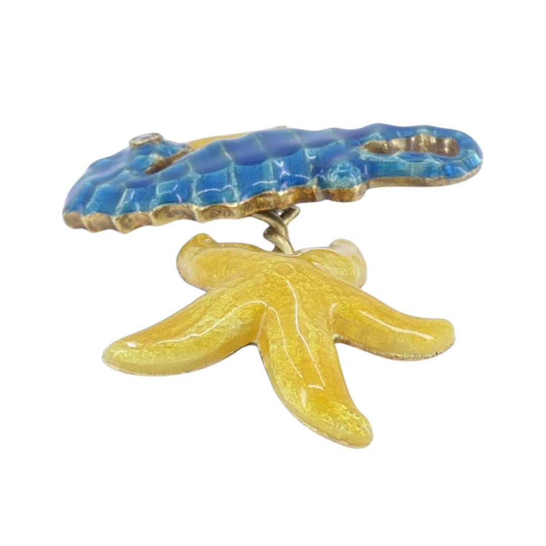Vintage LOZ 18k Gold Enamel Turtle Seahorse Starfish Shell Cufflinks