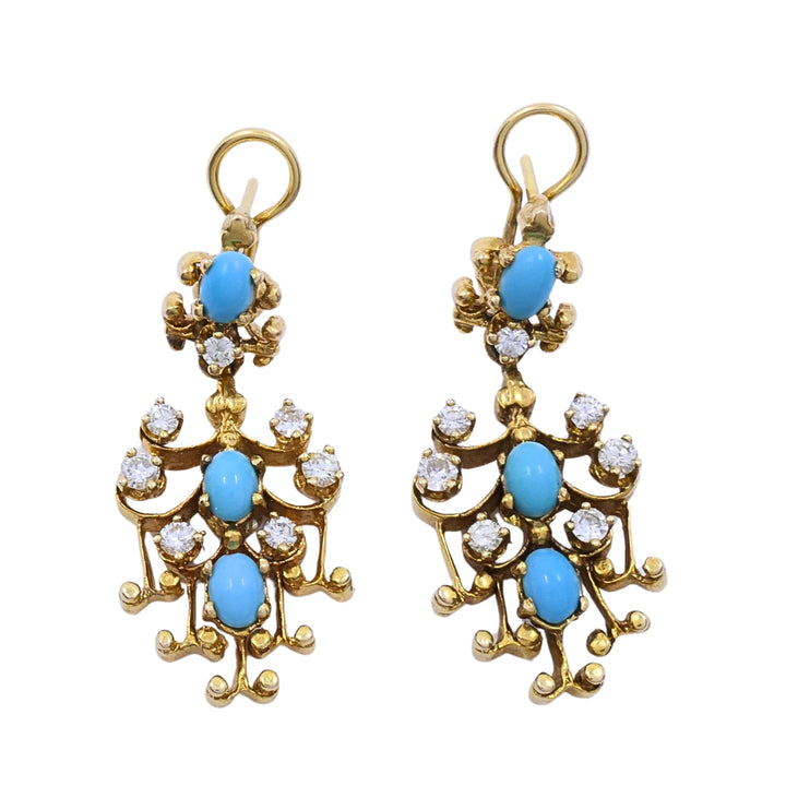 14k Yellow Gold Turquoise Diamond Scrollwork Drop Earrings