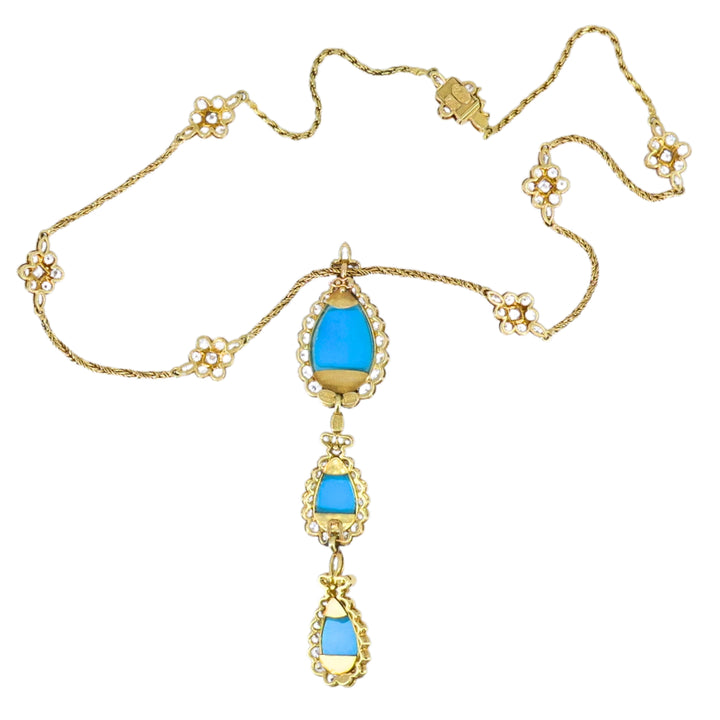 Chaumet Paris 18k Gold Diamond Turquoise Drop Necklace Three-Tiered Necklace