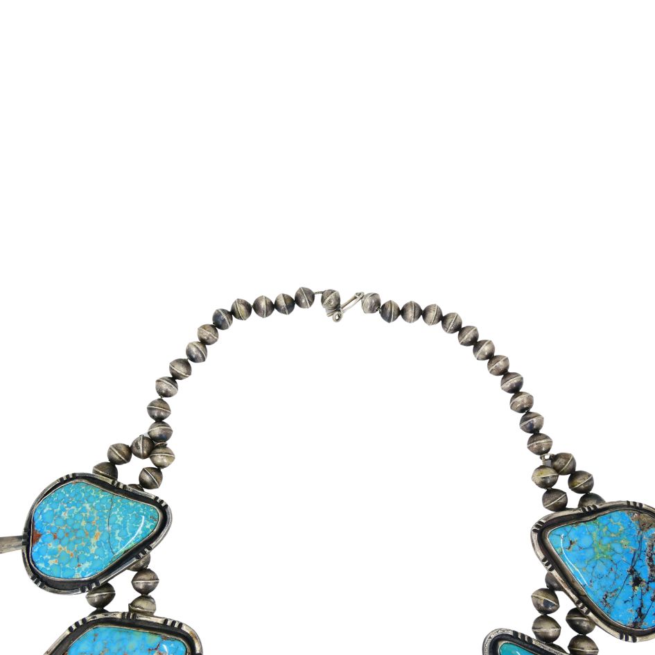 Signed Navajo Native Indian Sterling Silver Turquoise Squash Blossom Necklace