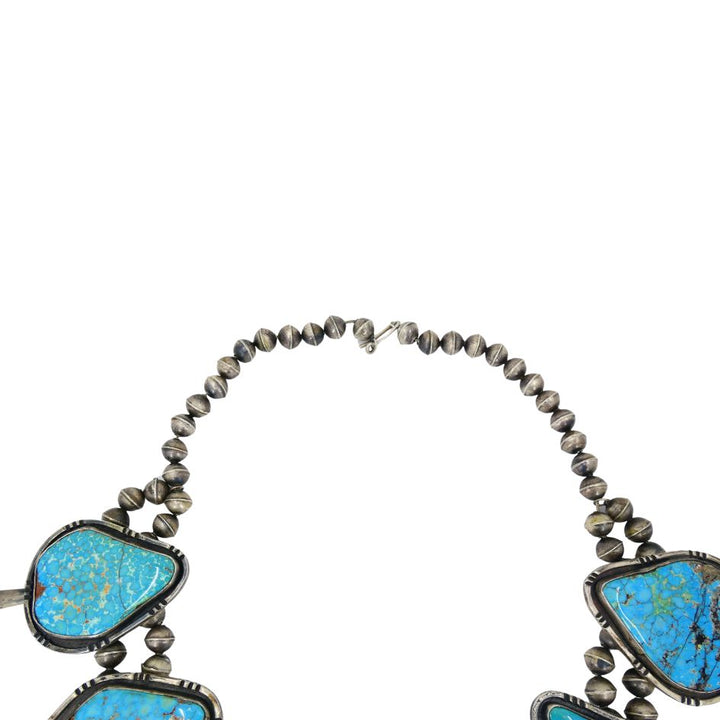 Signed Navajo Native Indian Sterling Silver Turquoise Squash Blossom Necklace