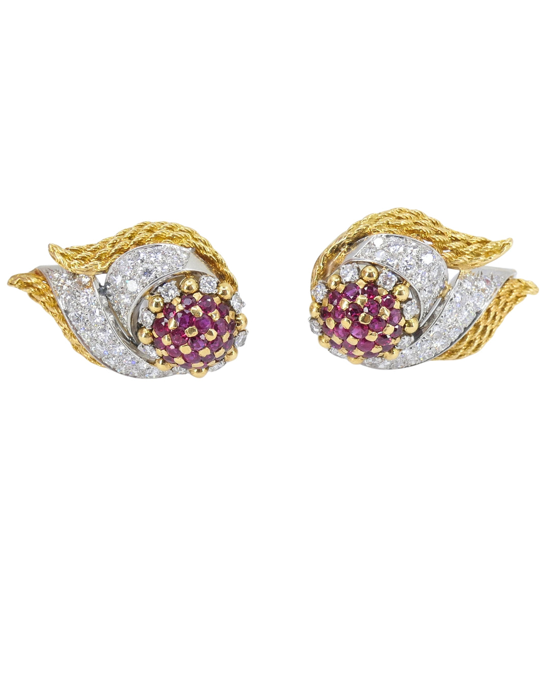 Lacloche Clip On Earrings 18k Yellow & White Gold Ruby and Diamond Earrings