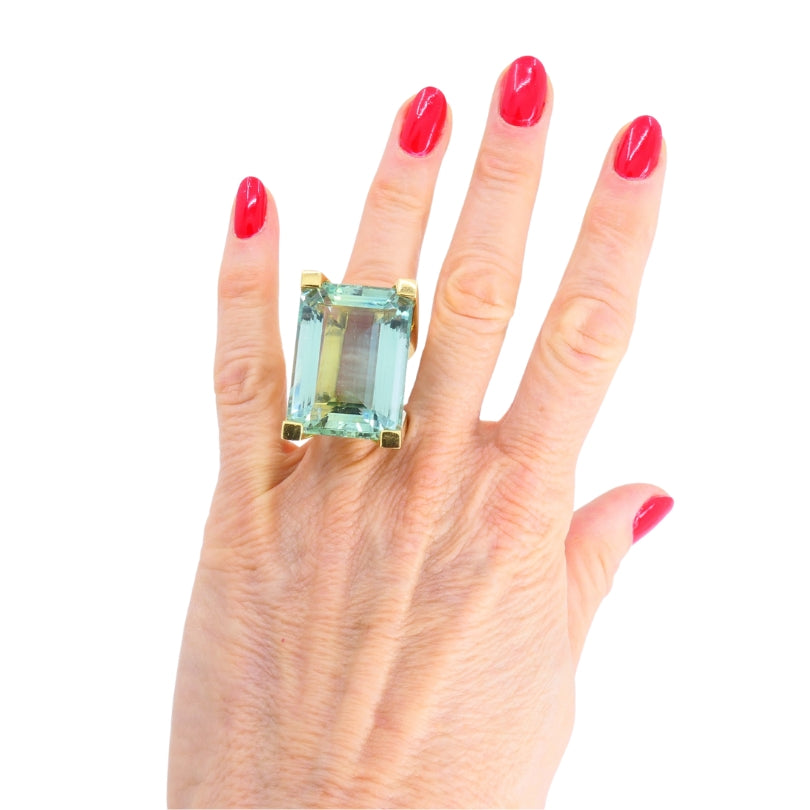 Vintage 18k Gold Aquamarine Ring 74-Carat French Jewelry Estate
