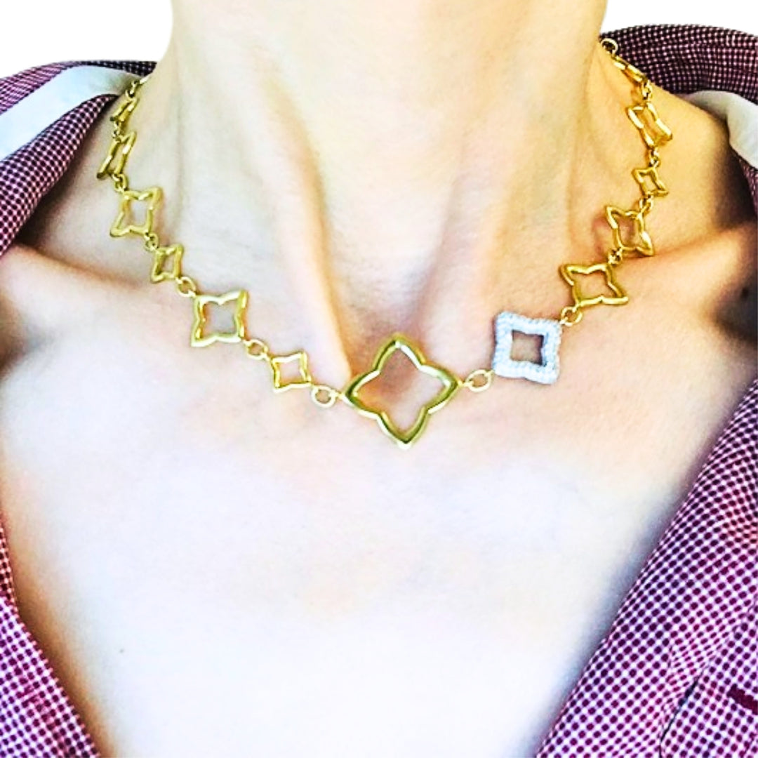 David Yurman Necklace Two-Tone Gold Diamond Quatrefoil Motif