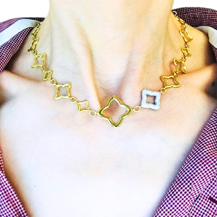 David Yurman Necklace Two-Tone Gold Diamond Quatrefoil Motif