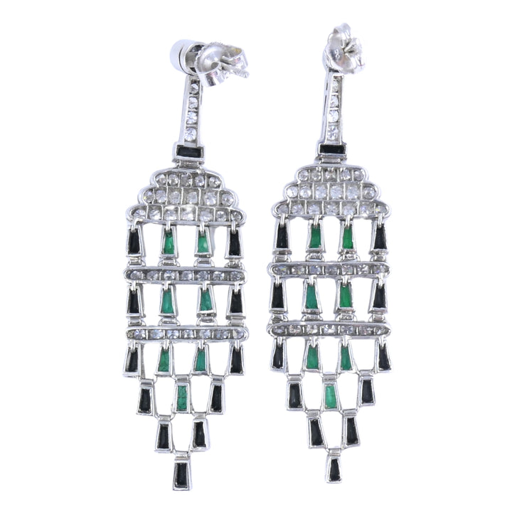 Diamond Emerald Onyx Dangle Earrings Art Deco Revival