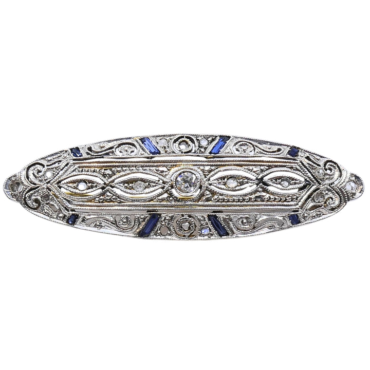 Art Deco 18k Gold Diamond Sapphire Navette Brooch