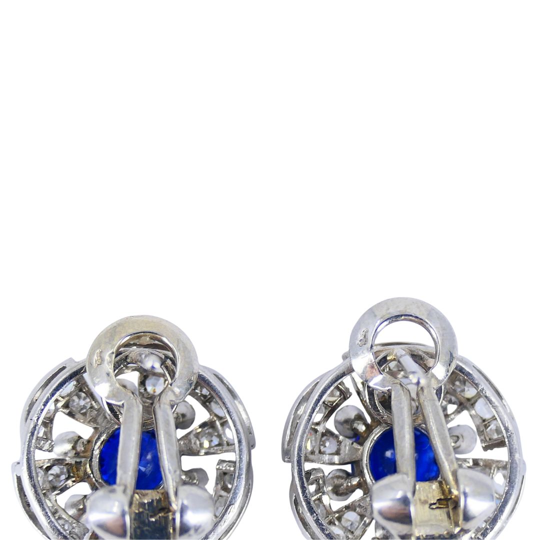 Vintage French Sapphire Diamond Platinum 18k White Gold Cluster Earrings