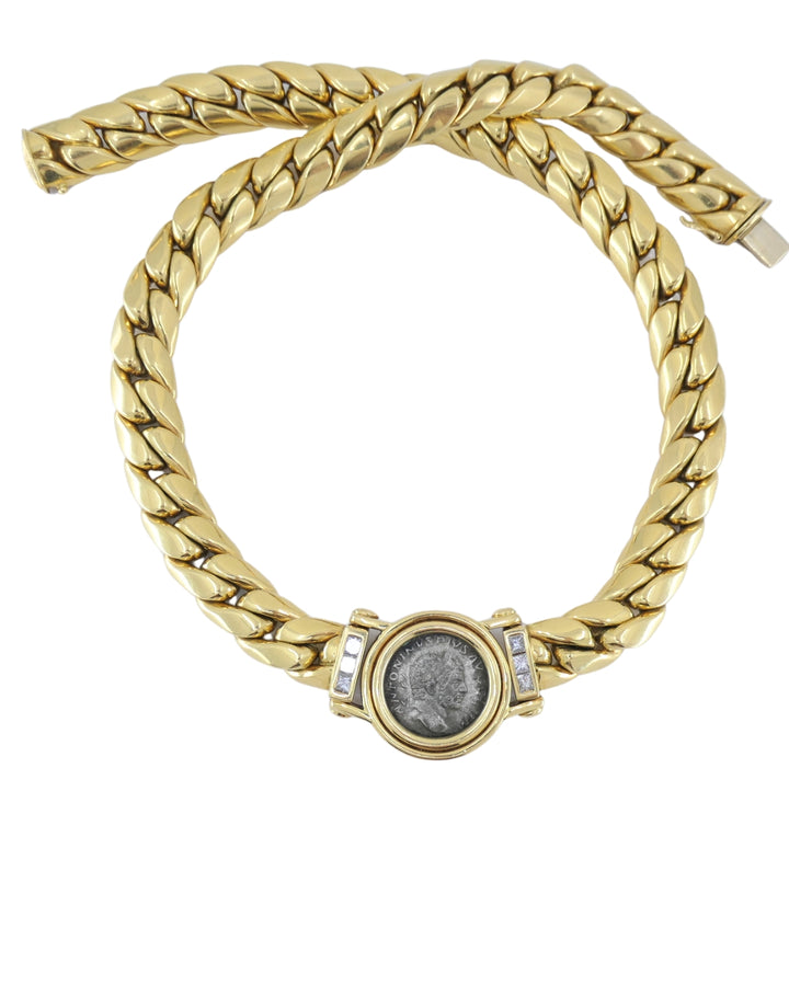 Carlo Weingrill 18k Gold Chain Diamond Roman Coin Necklace