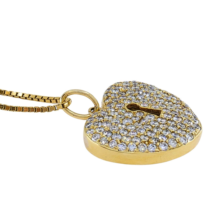 Vintage 18k Gold Pavé Diamond Heart Lock Pendant Necklace 14k Box Chain