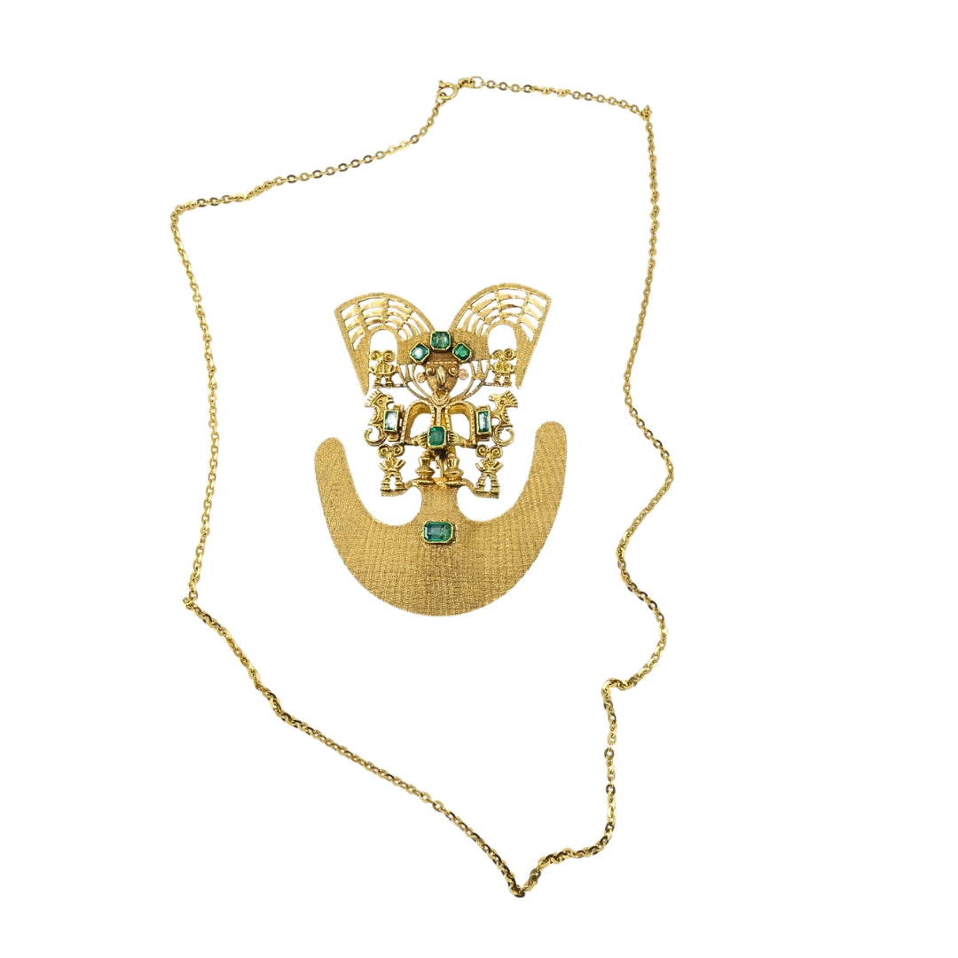 Vintage Pre‑Columbian Revival 18k Gold Emerald Tairona Style Pendant‑Brooch