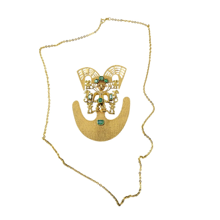 Vintage Pre‑Columbian Revival 18k Gold Emerald Tairona Style Pendant‑Brooch