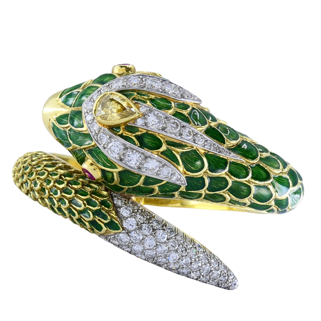 Vintage 18k Gold Platinum Snake Bangle Bracelet Diamond Yellow Sapphire Ruby