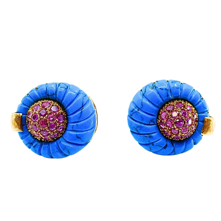 Vintage Carved Turquoise 18k Gold Ruby Stud Earrings