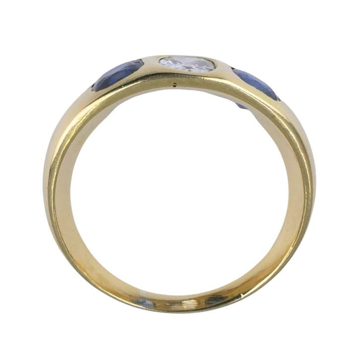 Vintage 18k Gold Sapphire Diamond Gypsy Three Stone Ring
