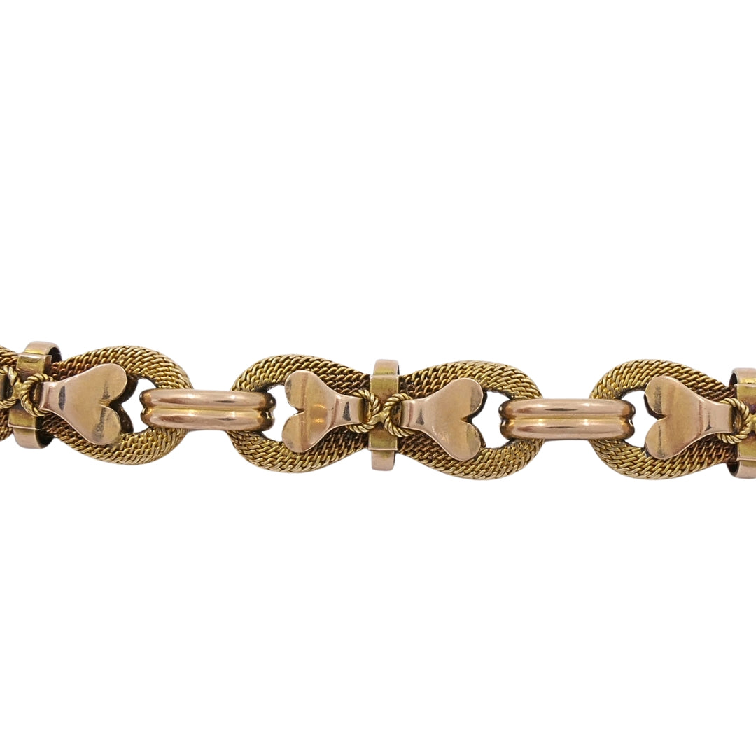 Victorian 18k Gold Mesh Link Necklace Heart Bow Motifs