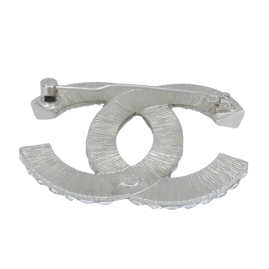 Chanel CC Logo Crystal Silver Pin Brooch