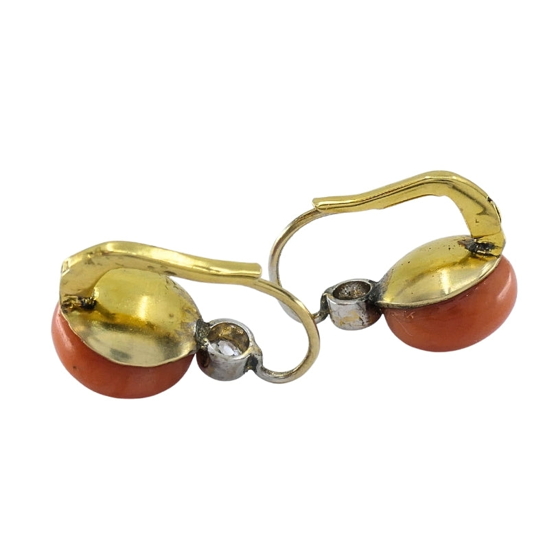 Antique 14k Gold Coral Diamond Accent Drop Earrings
