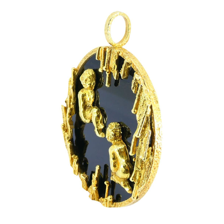 Vintage Kutchinsky 18k Gold Onyx Gemini Zodiac Pendant, Original Box
