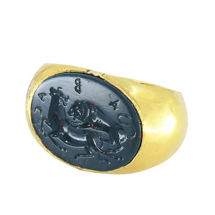 22k Gold Oval Intaglio Lion Bull Signet Ring Greek & Roman Inspired Design