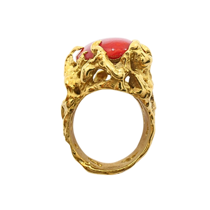Arthur King 18k Gold Brutalist  Coral Cabochon Cocktail Ring