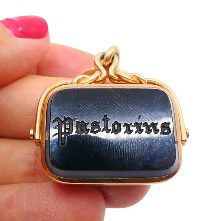 Antique 9k Gold Albert Chain Necklace Bloodstone Agate Pendant