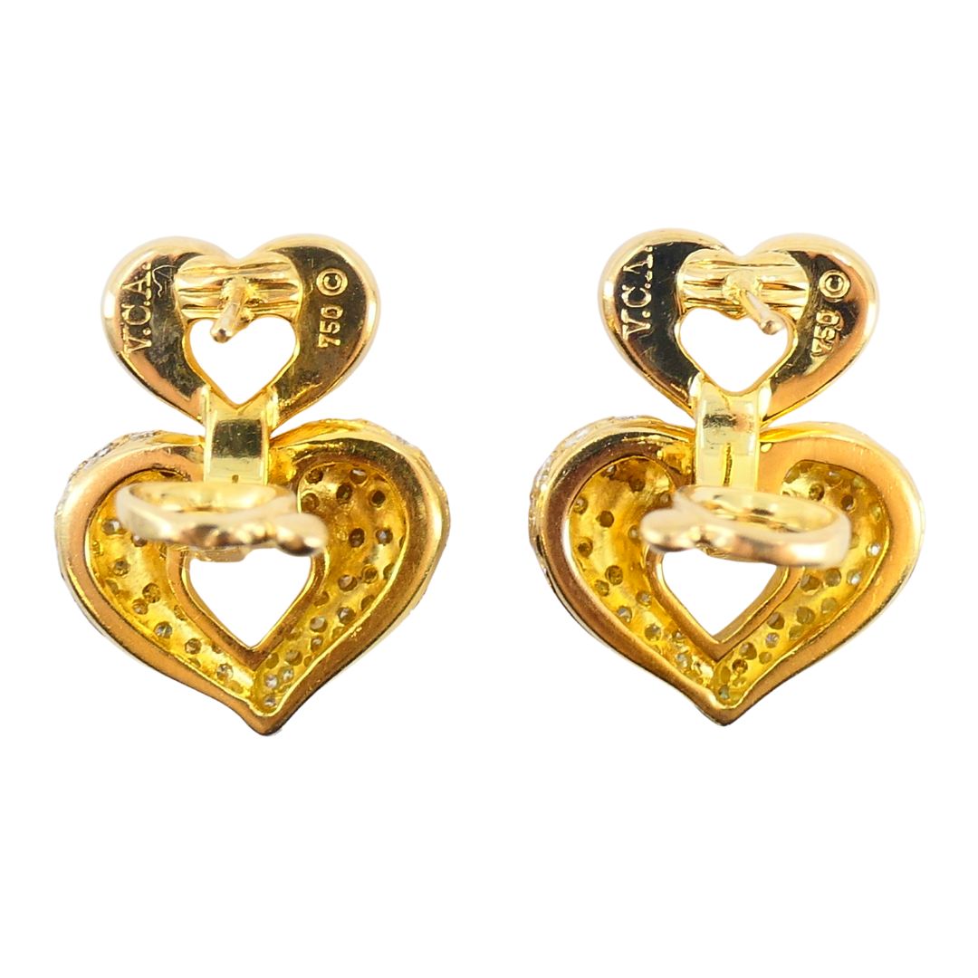 Vintage Van Cleef & Arpels 18k Gold Diamond Double Heart Earrings