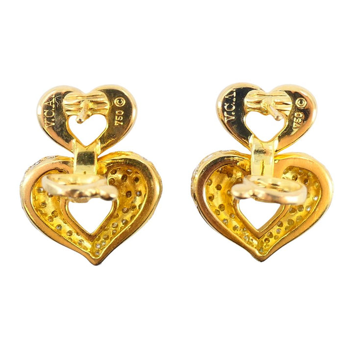 Vintage Van Cleef & Arpels 18k Gold Diamond Double Heart Earrings