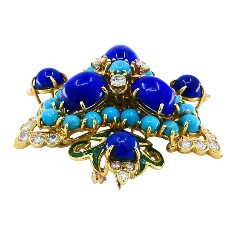 Vintage 14k Gold Lapis Lazuli Turquoise Diamond Brooch & Earrings Set