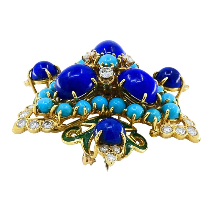 Vintage 14k Gold Lapis Lazuli Turquoise Diamond Brooch & Earrings Set