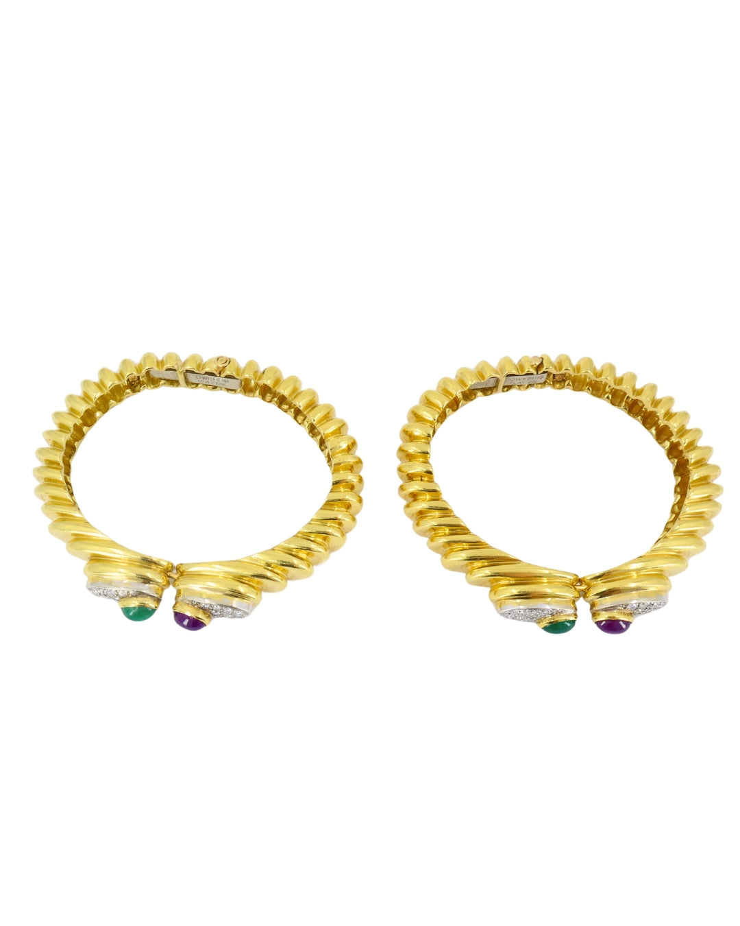 David Webb Pair of 18k Gold Bracelets Platinum Diamond Gemstone Cabochons