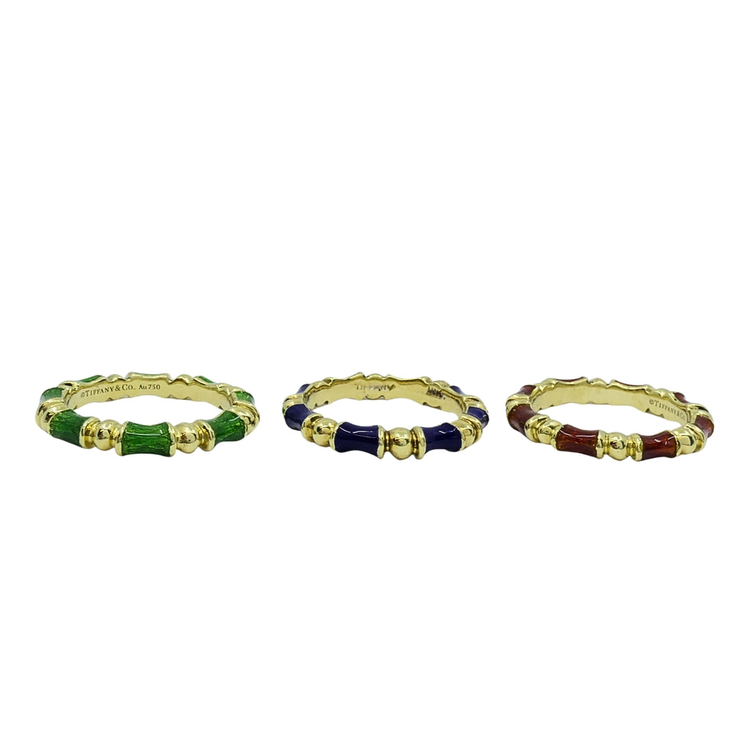 Tiffany & Co. Enamel Bamboo Stacking Rings 18k Yellow Gold Blue Green & Red