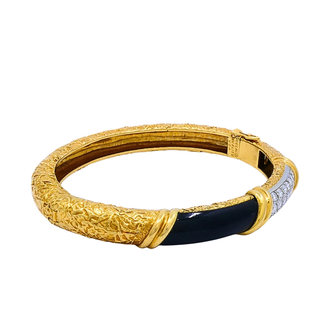 Vintage Van Cleef & Arpels 18k Gold Onyx Diamond Textured Bangle Bracelet
