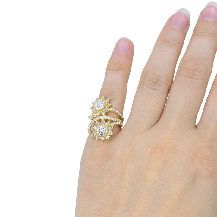 Vintage 18k Yellow Gold Diamond Floral Bypass Cocktail Ring