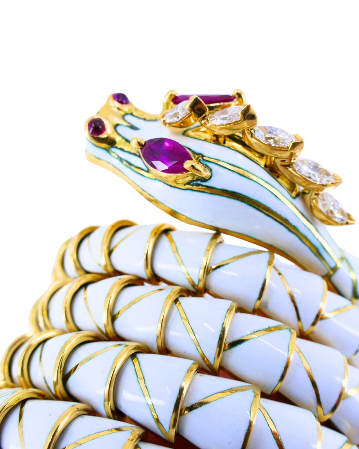Rare Bvlgari Vintage Bulgari Dragon Bracelet 18k Gold Diamond White Enamel