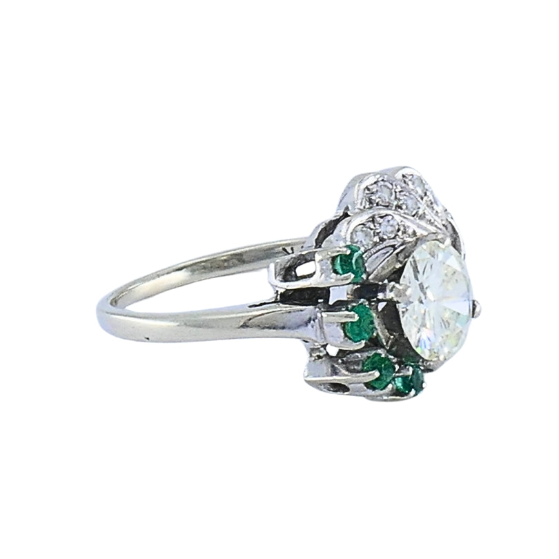 Vintage 14k White Gold Diamond  Emerald Cocktail Ring